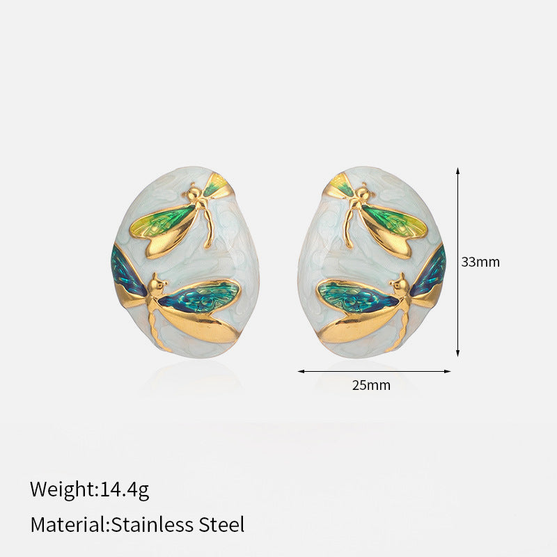 Oval Dragonfly Earrings Steel Asymmetric Drip Enamel S5P093