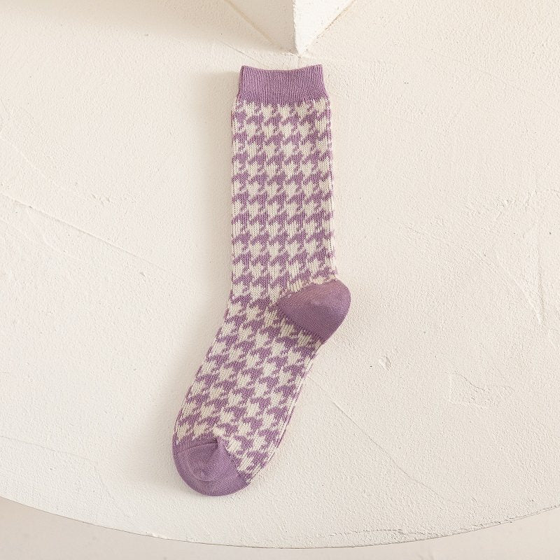 Houndstooth Pattern Double Knit Cotton Mid Calf Socks M5A038