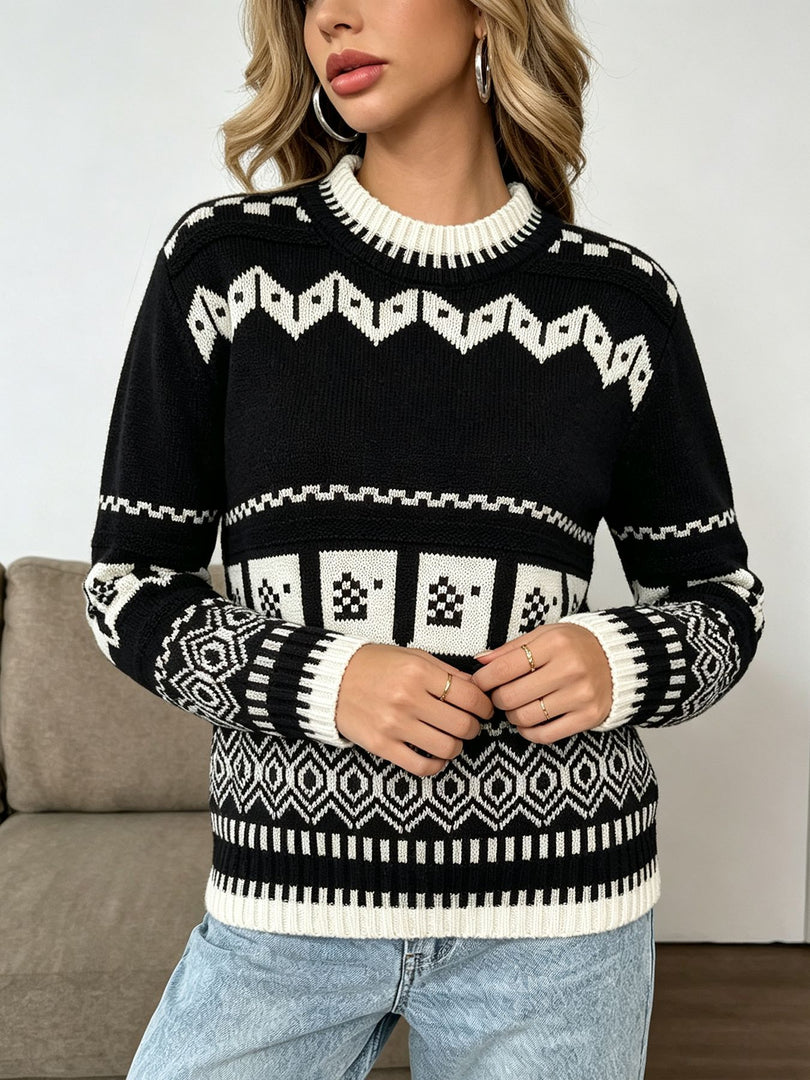 Fair Isle Geometric Jacquard Loose Pullover Sweater N6H285
