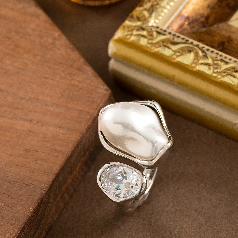 Lava-Texture Pearl Zircon Adjustable Open Ring Women N6H207