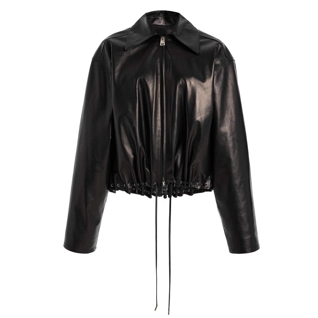 PU Notch Drawstring Crop Coat Mid Weight Black N5Z601