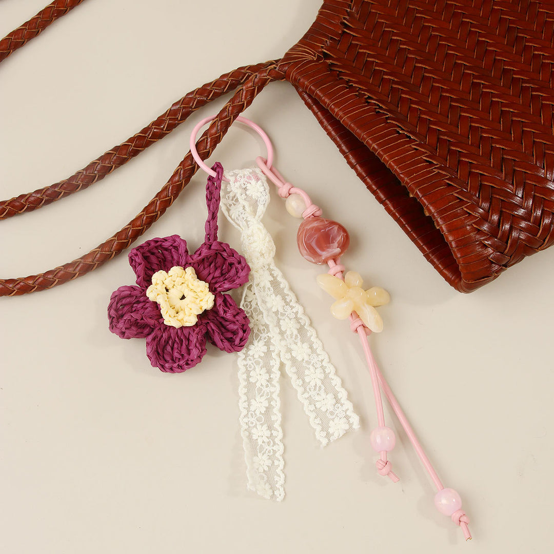 Raffia Double Flower Beaded Bag Charm Keychain N6G067