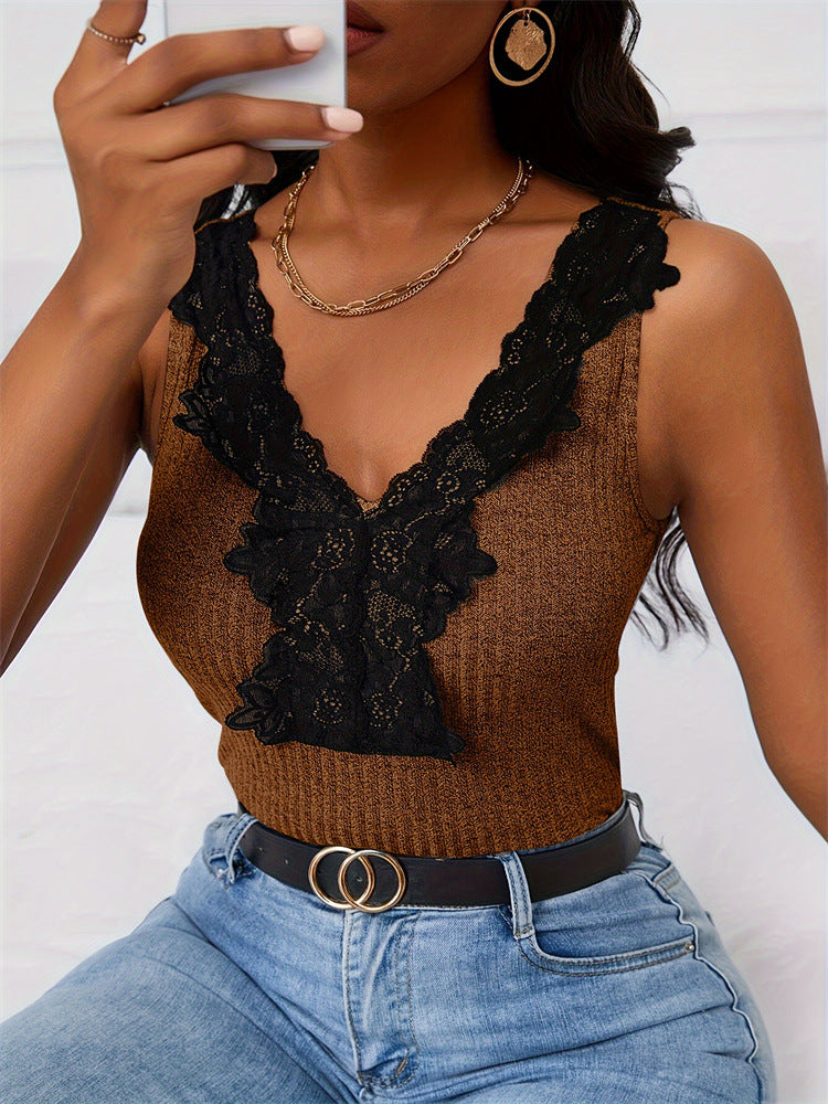 Lace Trim V-Neck Ribbed Tank Top Women N6D206
