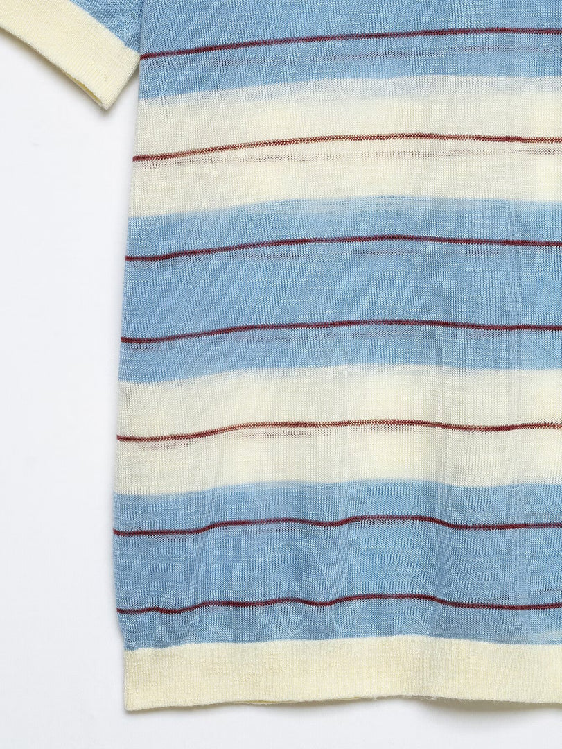 Simple Striped Knit Polo Shirt Short Sleeve Women N6G160