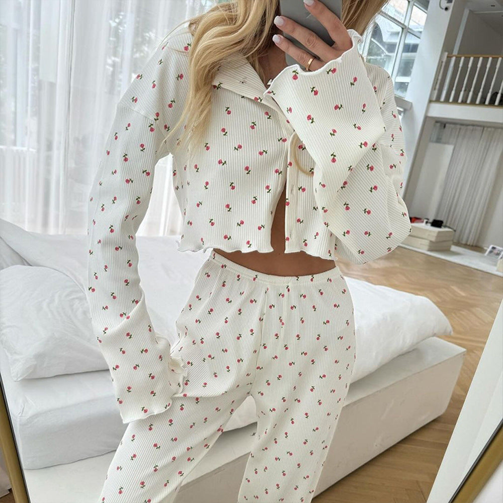 Floral Print Pajama Set Women Knit Comfort Home Wear N5A303