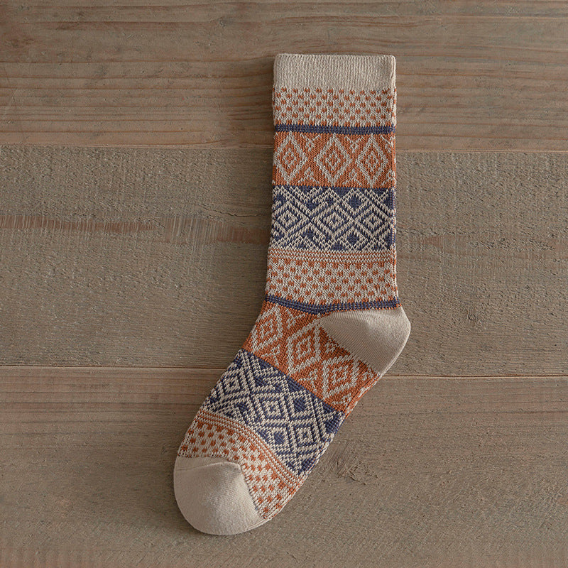 Vintage Ethnic Double Needle Thick Mid-Calf Socks N6H034
