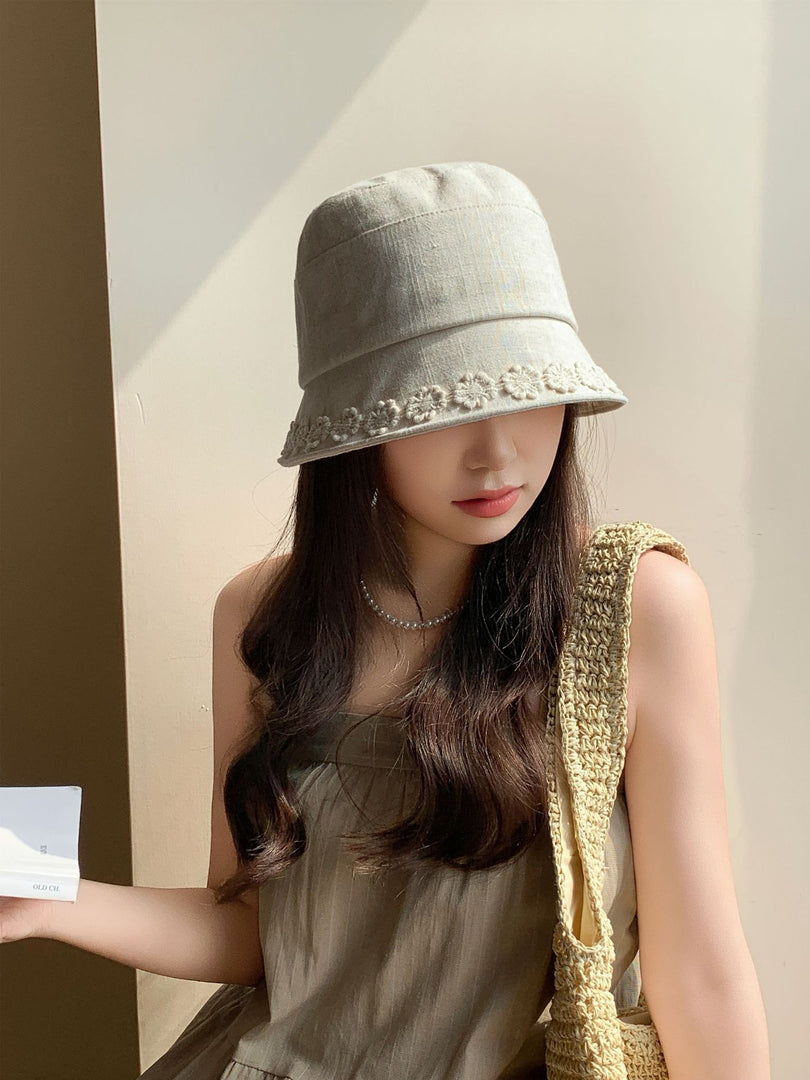 Lace Trim Linen Blend Bucket Hat Women N6C389