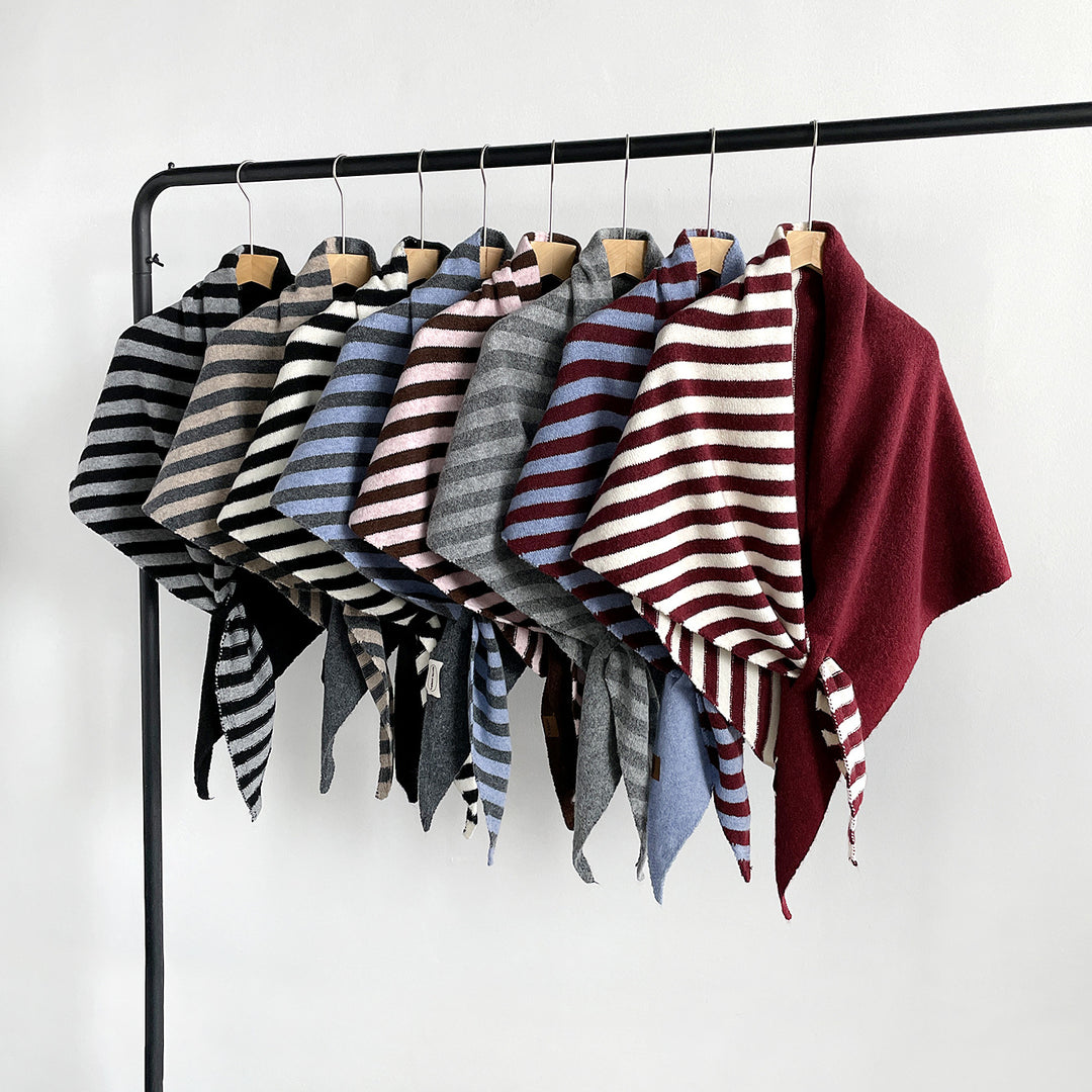 Triangle Wool Blend Shawl Cape Stripe Patchwork N6H308