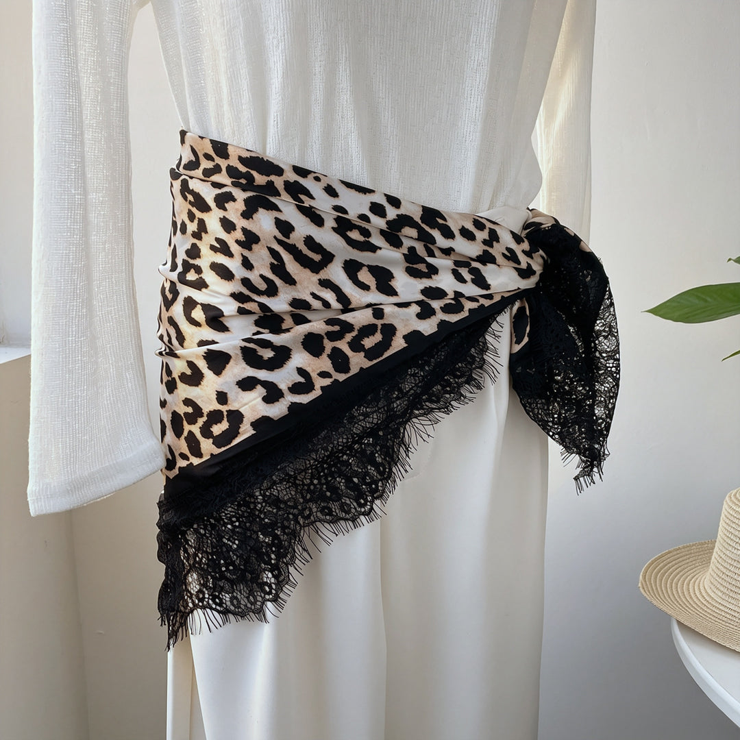 Vintage Lace Trim Satin Square Scarf 70cm Women N6H121