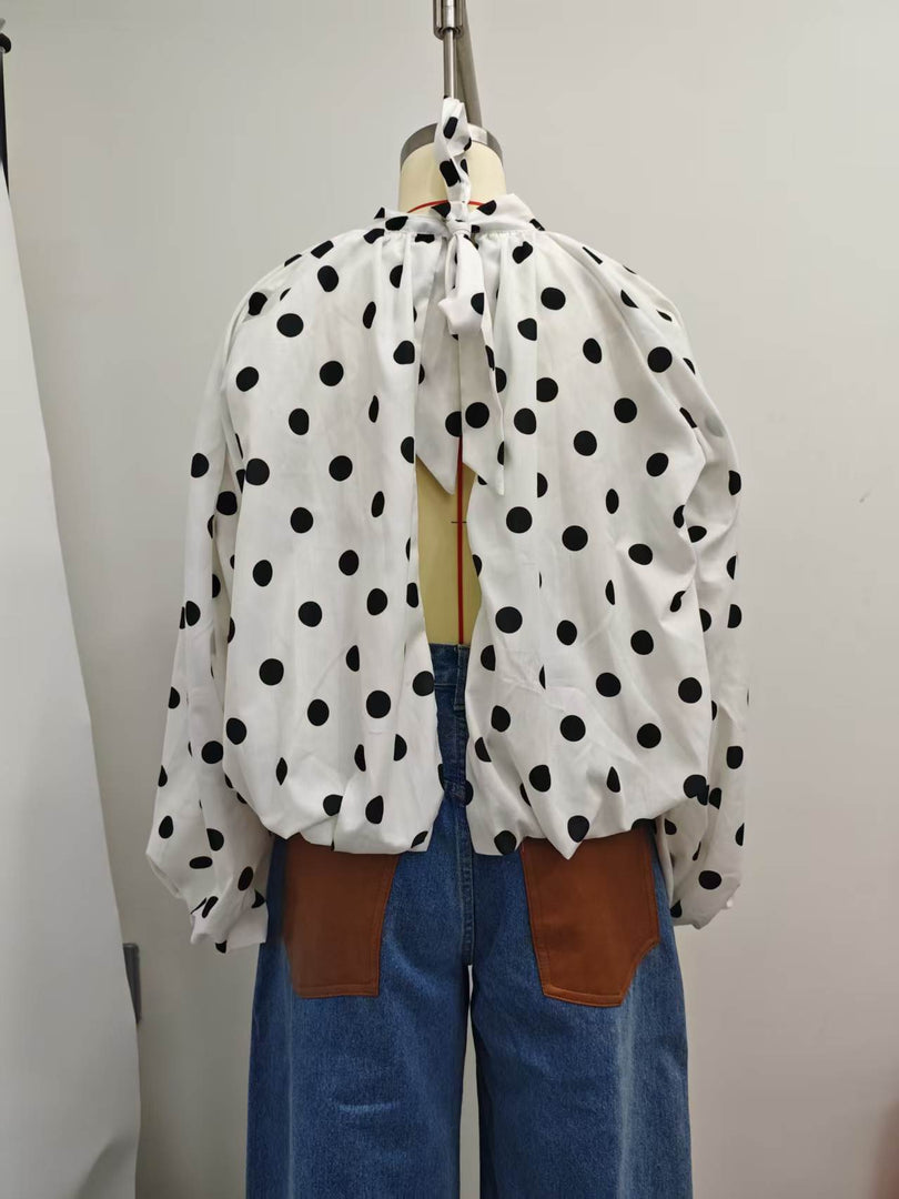 Simple Polka Dot Back Slit Blouse Women N6E145