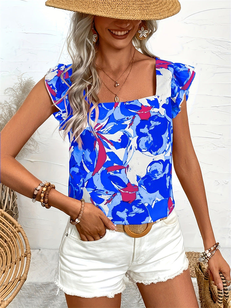 Floral Square Neck Ruffle Cap Sleeve Top Women N6F244