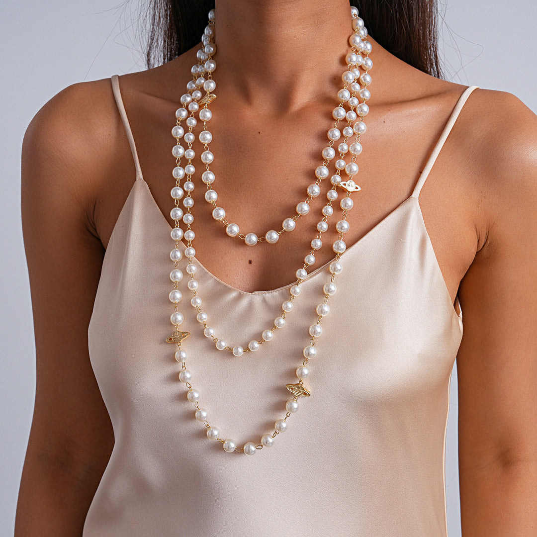 Vintage Multi-Layer Pearl Saturn Necklace Women N6H145