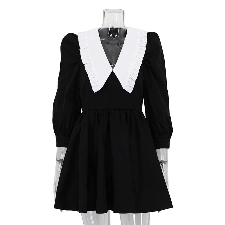 French Peter Pan Collar Black White Short Dress  N6C209