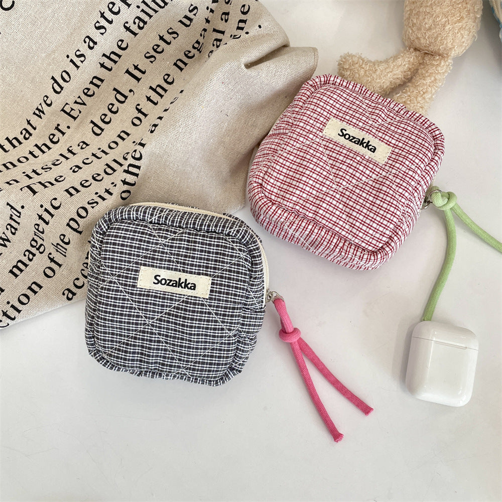 Padded Plaid Corduroy Pouch Women Multi purpose S5P870