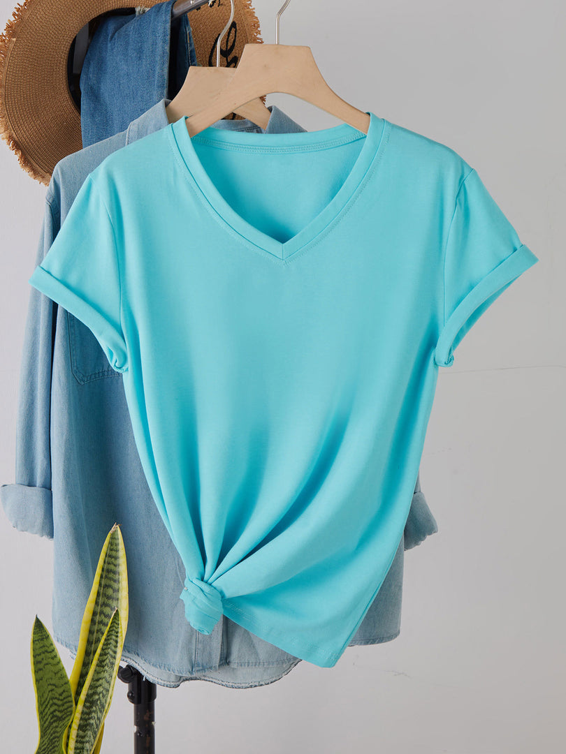 Minimalist Solid Color V-Neck T-Shirt Women N6E140