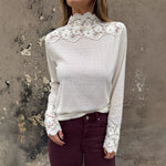 Load image into Gallery viewer, Mock Neck Lace Crochet Long Sleeve Tee Women N6G273