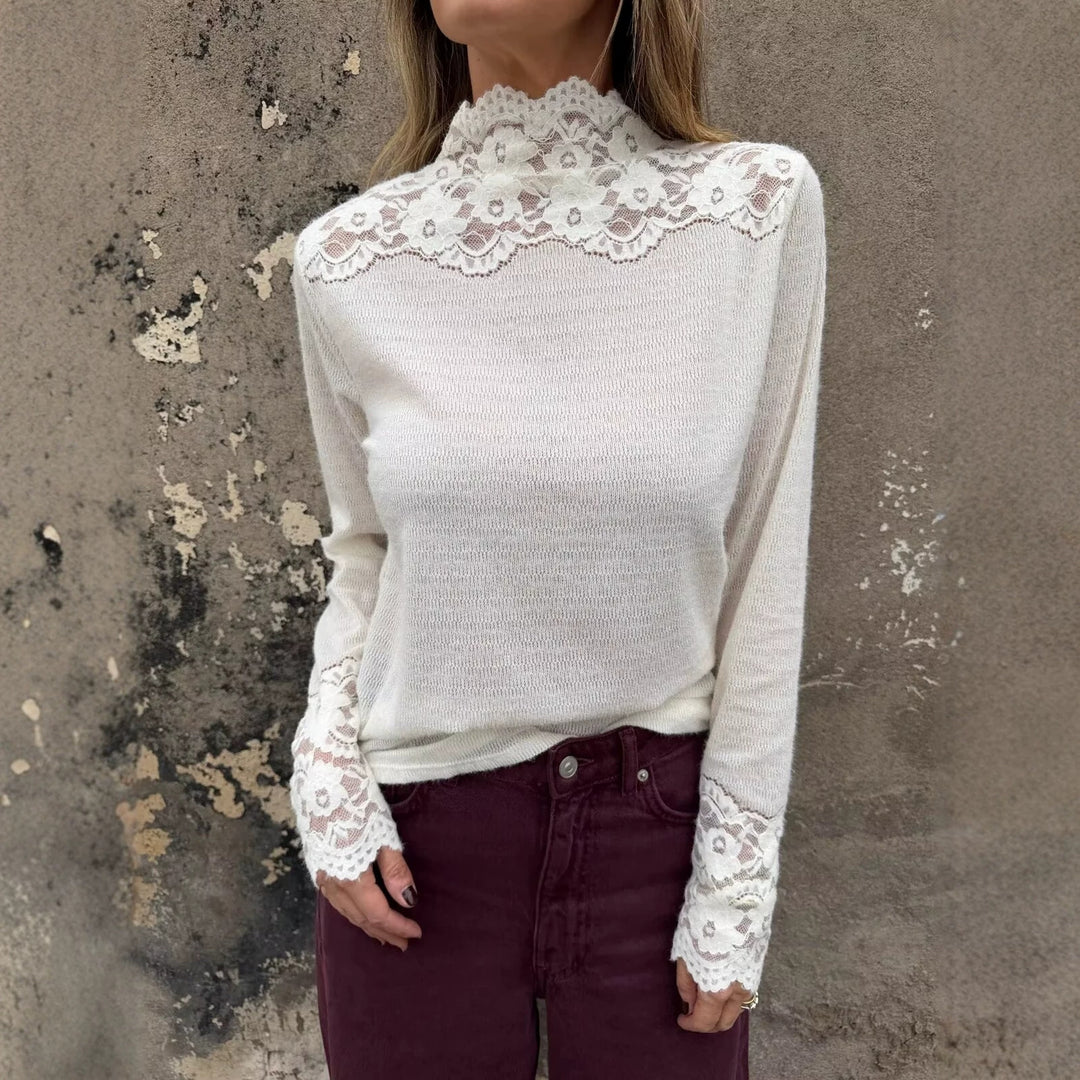 Mock Neck Lace Crochet Long Sleeve Tee Women N6G273