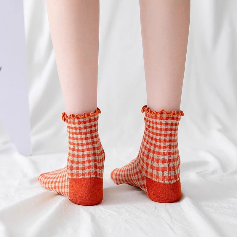 Plaid Ruffle Trim Mid-Calf Socks Women Preppy N6H006
