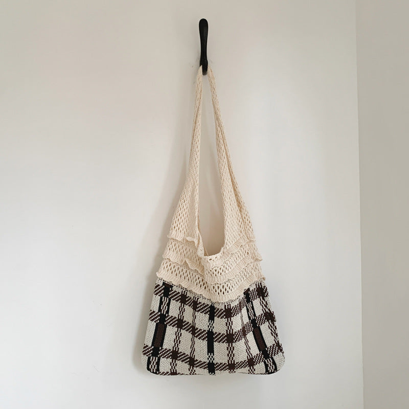 Gingham Openwork Knit Tote Bag Vintage Women N6C059