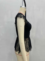 Load image into Gallery viewer, Black Lace Ruffle Cap Sleeve Sheer Crop Top N6F239