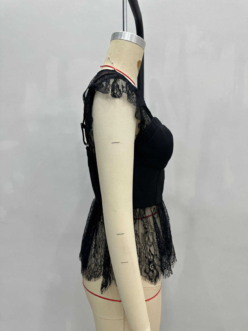 Black Lace Ruffle Cap Sleeve Sheer Crop Top N6F239