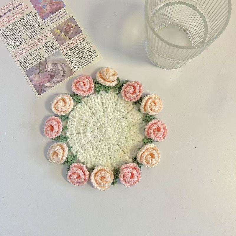 Handmade Rose Bouquet Coaster Crochet Cotton Round N6G049