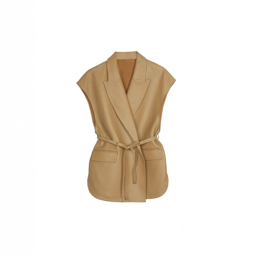 PU Notch Belted Vest Sleeveless Shearling Mid Weight  N5Z620