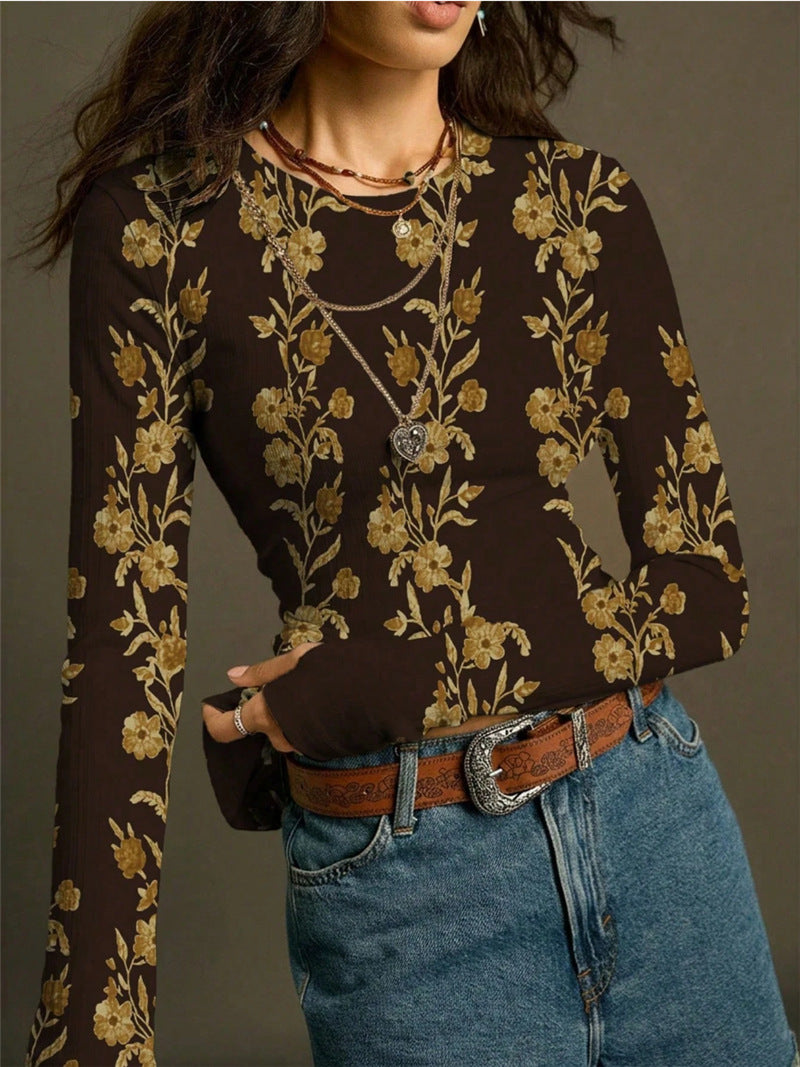 Retro Floral Print Knit T-shirt Women N6C324