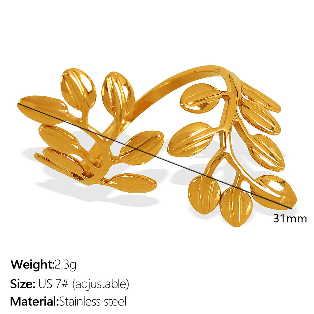 Celestial Leaf Ring Titanium Steel Pearl Crystal S5P047