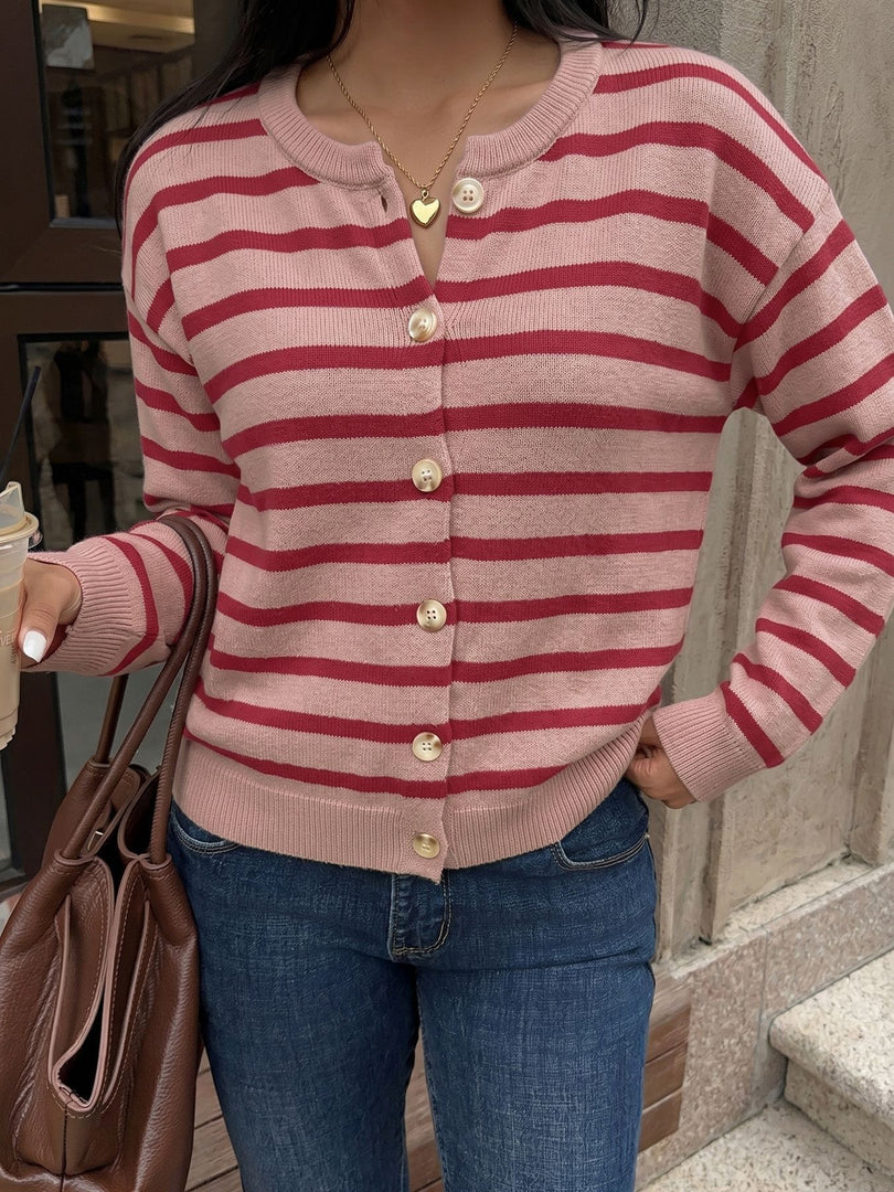 Casual Striped Round Neck Cardigan Sweater Women N6H298