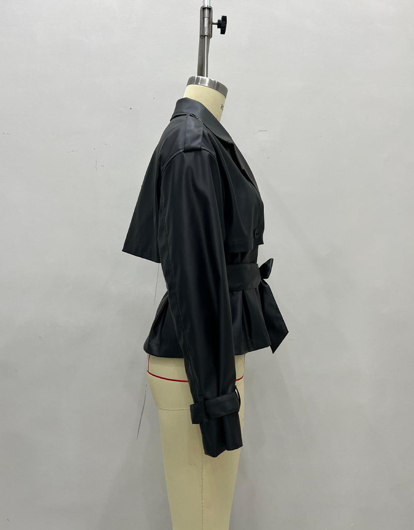 PU Leather Belted Short Jacket Street Style Slim Fit N6G179