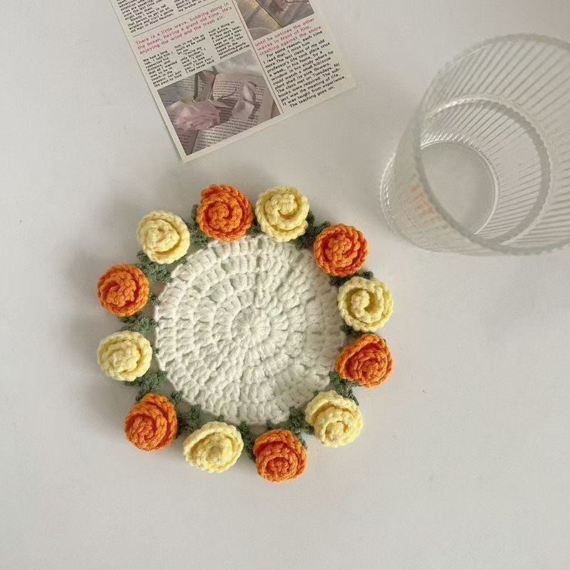 Handmade Rose Bouquet Coaster Crochet Cotton Round N6G049