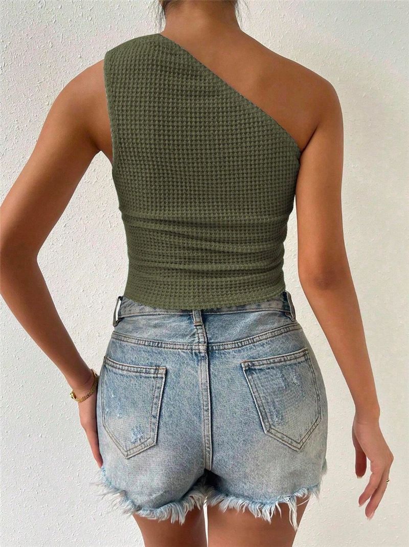Single Shoulder Asymmetrical Knit Tank Top Women N6C318
