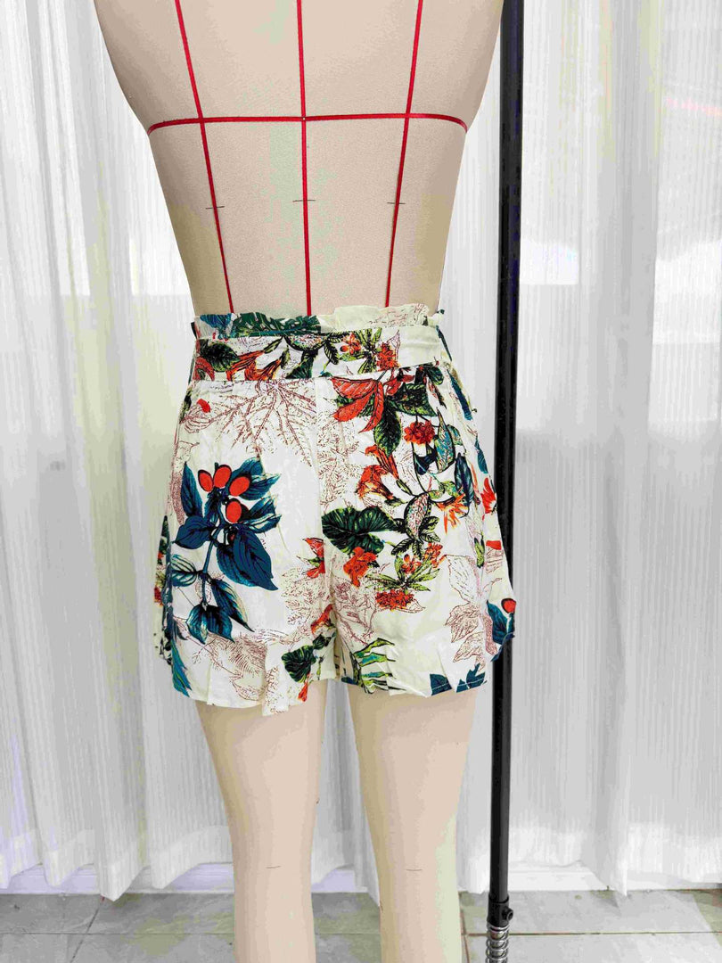 Tropical Print Drawstring Waist Wide Leg Shorts Women N6C246