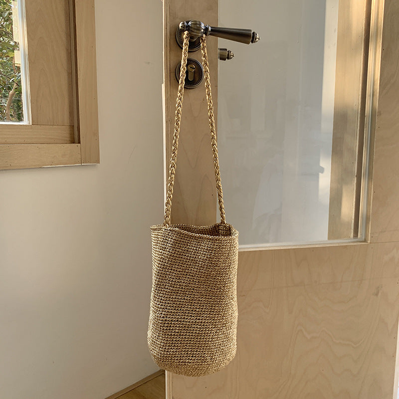 Metallic Woven Bucket Bag Stylish Shoulder Tote N6A083