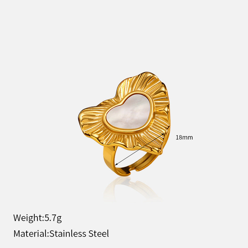 Luxury White Shell Heart Ring Retro 18K Gold Steel S5P009