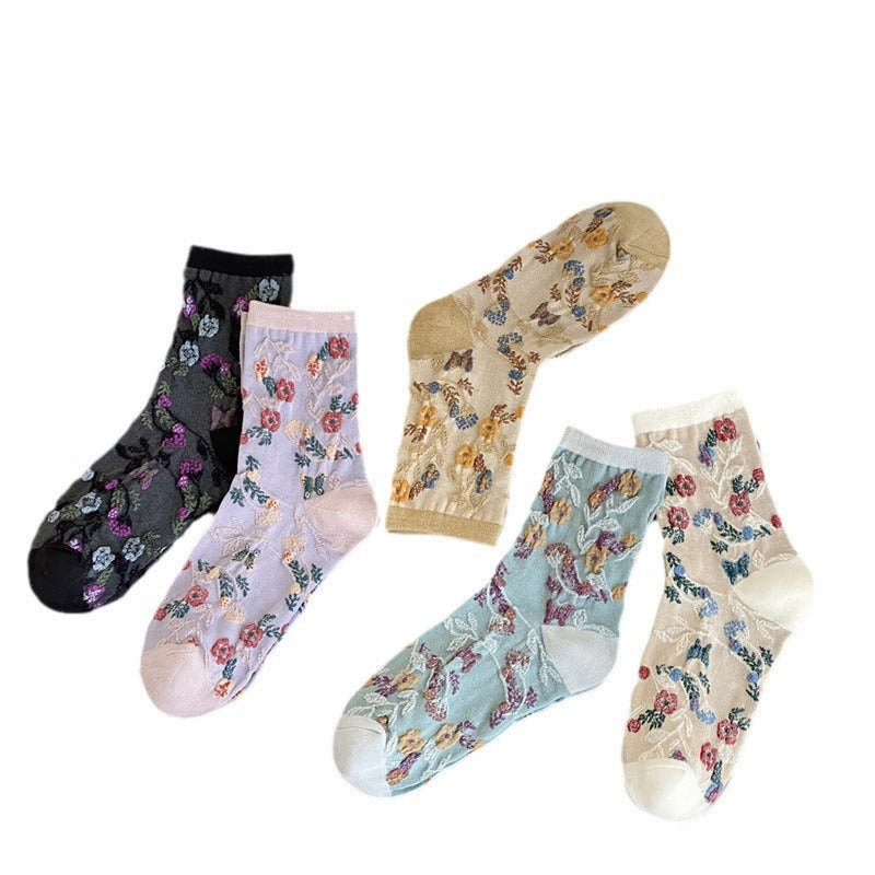 Botanical Print Cotton Mid Calf Socks  M5A070