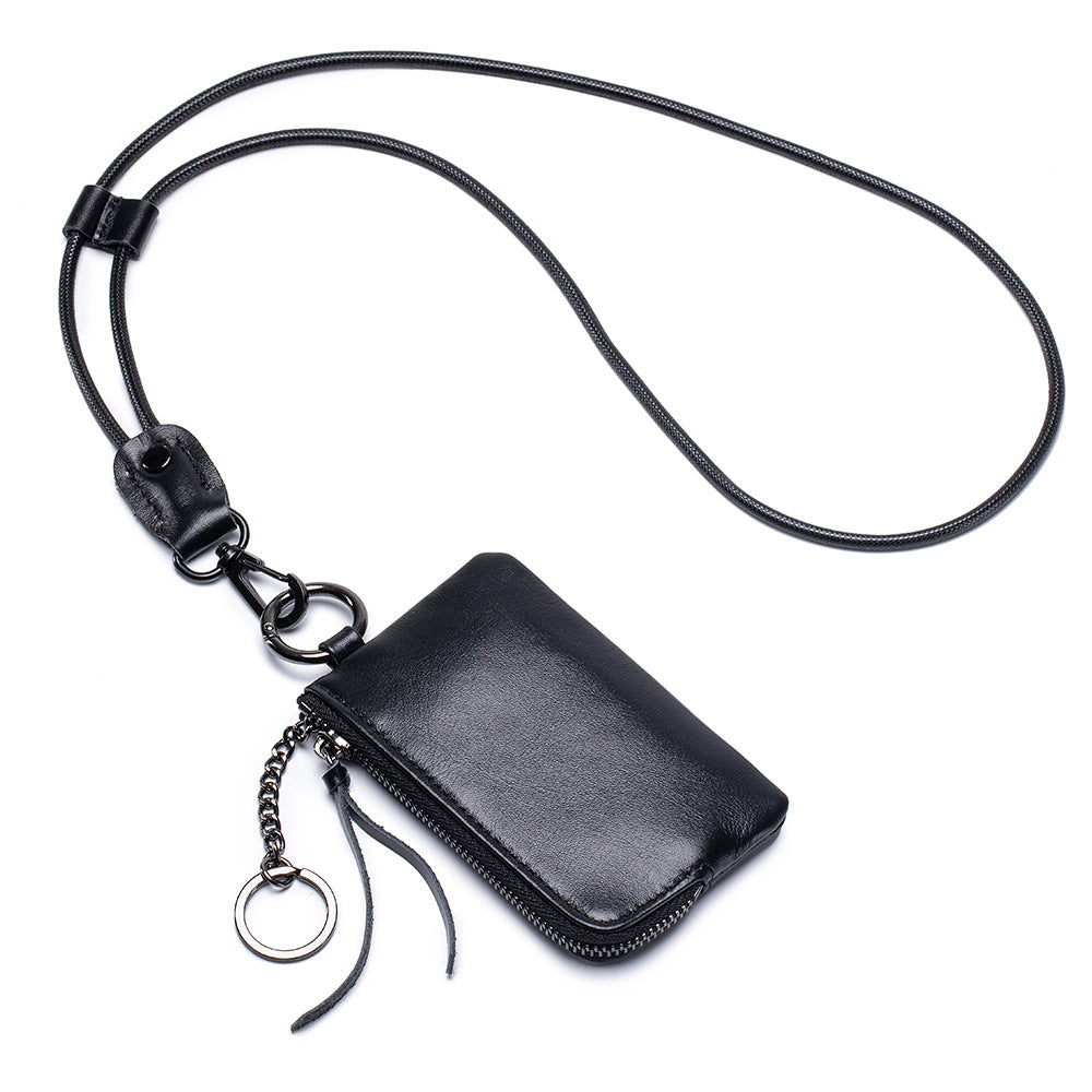 Genuine Leather Neck Lanyard Coin Card Key Pouch N6B218