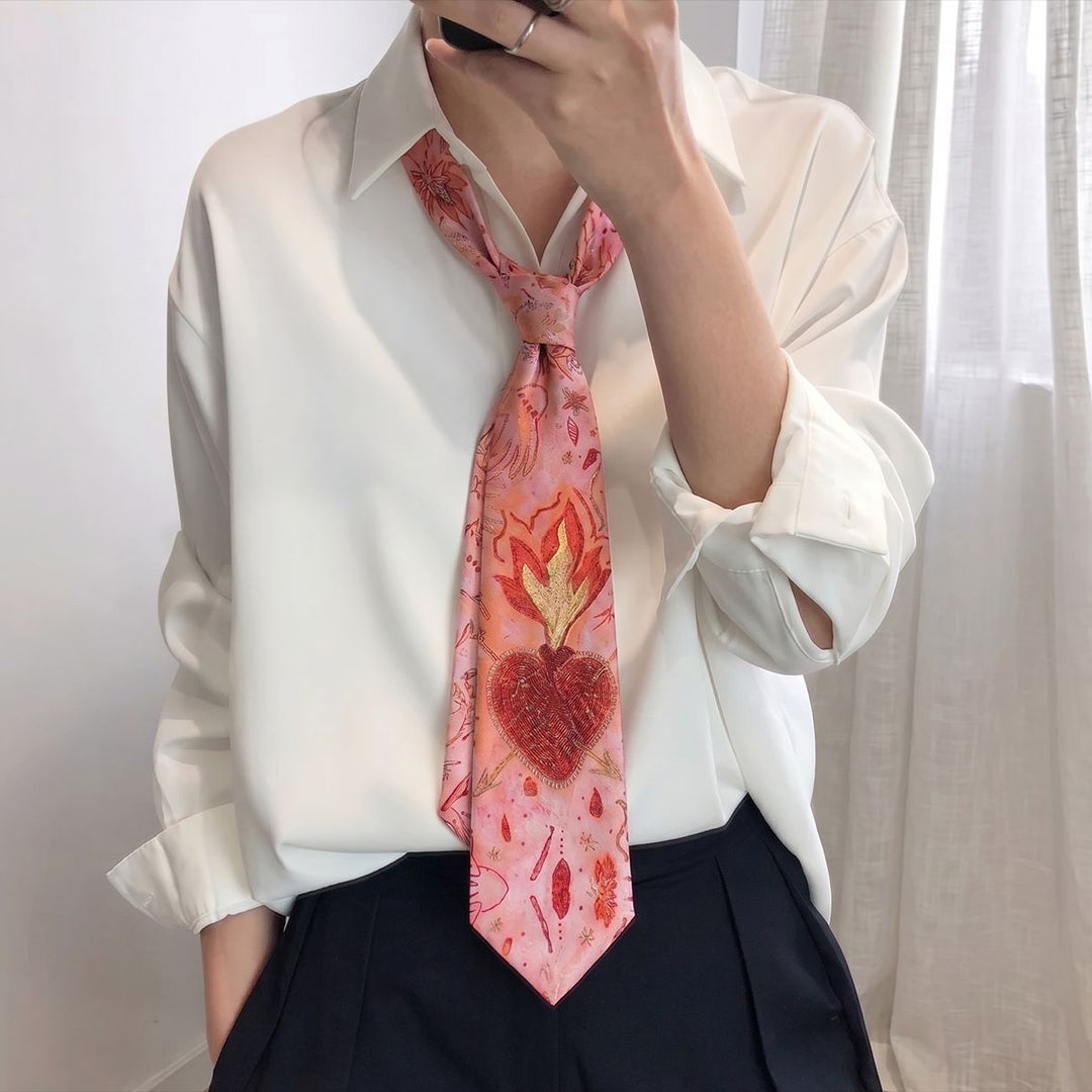 Pink Flame Heart Print Satin Tie Scarf Vintage Art N6G234