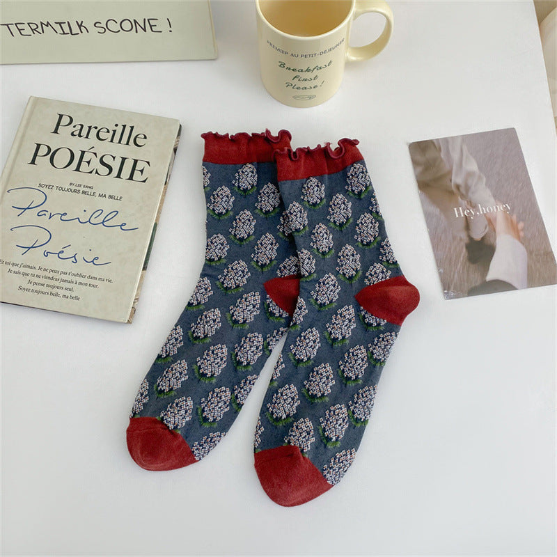Ruffle Trim 3D Floral Cotton Mid Calf Socks M5A072