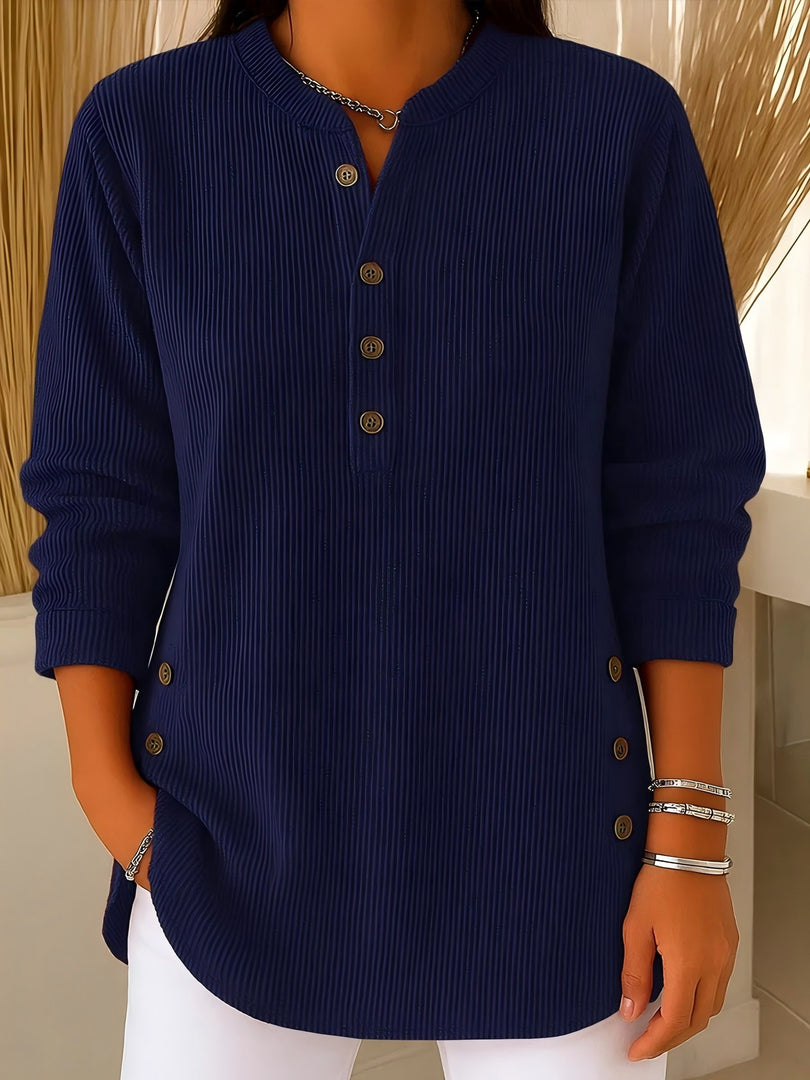 Solid Corduroy Texture V-Neck Button Down Relaxed Top N6G256
