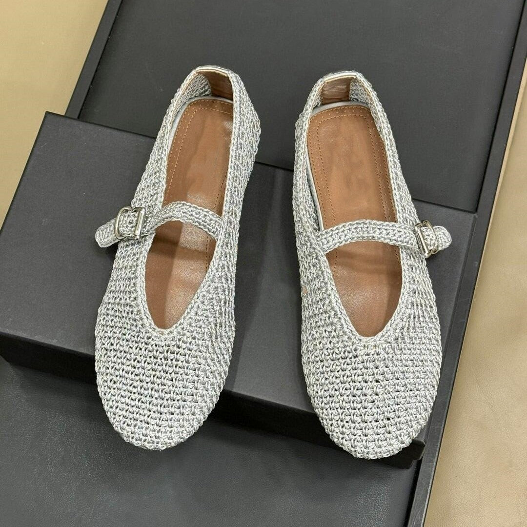 Handwoven Ballet Mary Jane Flat Shoes Women Leather N6G244