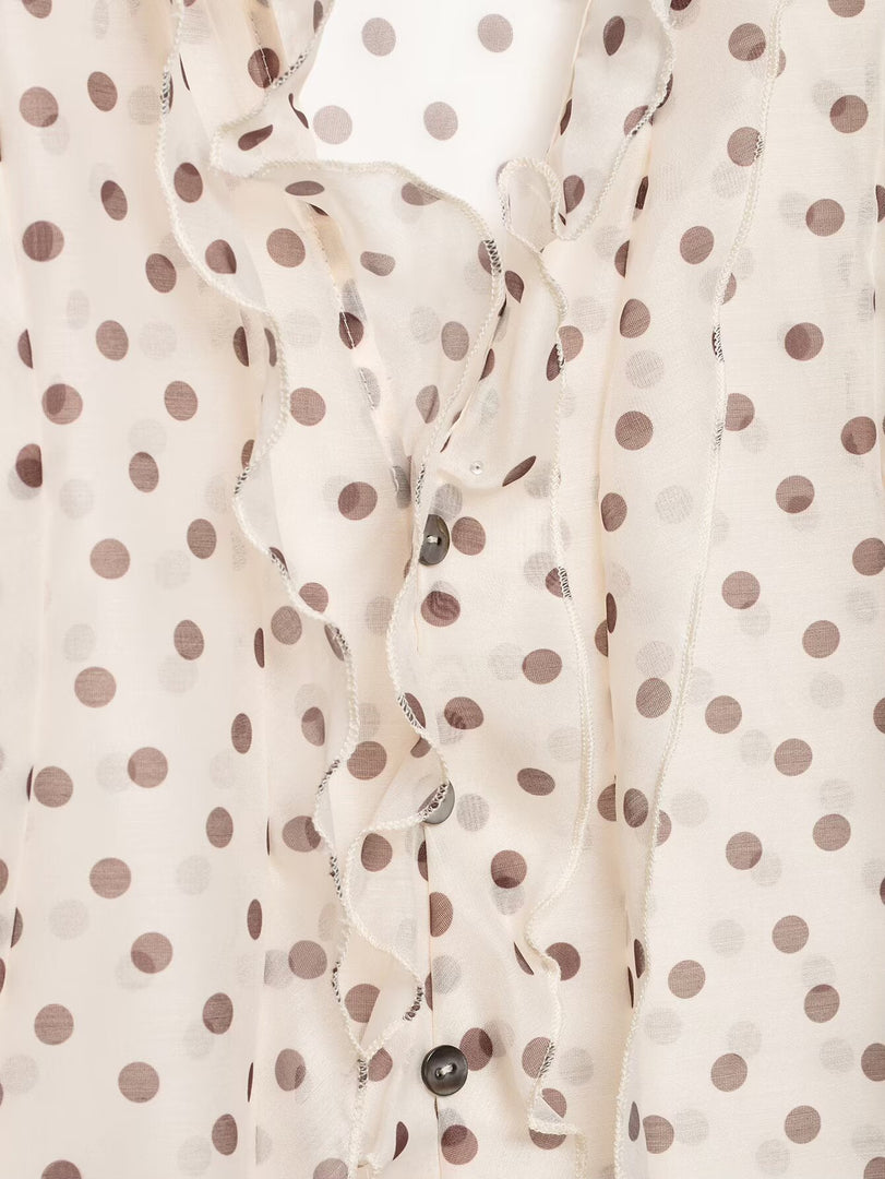 French Polka Dot V-Neck Ruffle Blouse Women N6F191