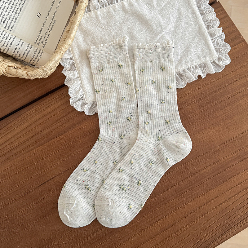 Sweet Floral Lace Trim Mid-Calf Socks Women Cotton N6H027