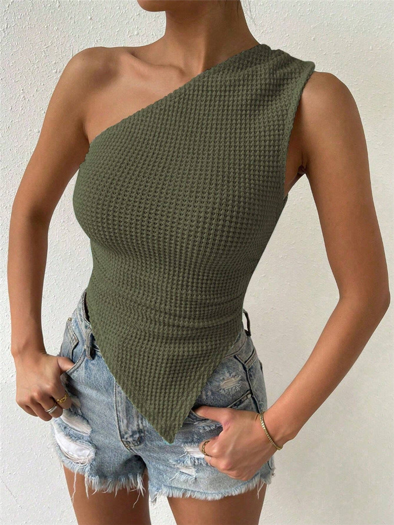 Single Shoulder Asymmetrical Knit Tank Top Women N6C318