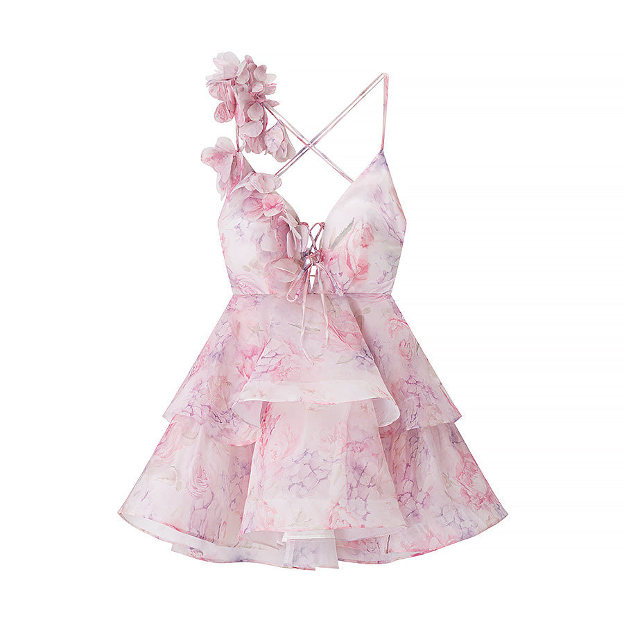 Back Floral Mini Dress Spaghetti V Neck N5Z346