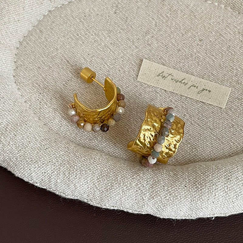 Hammered Pearl Stone Wide Stud Earrings Women N6H165
