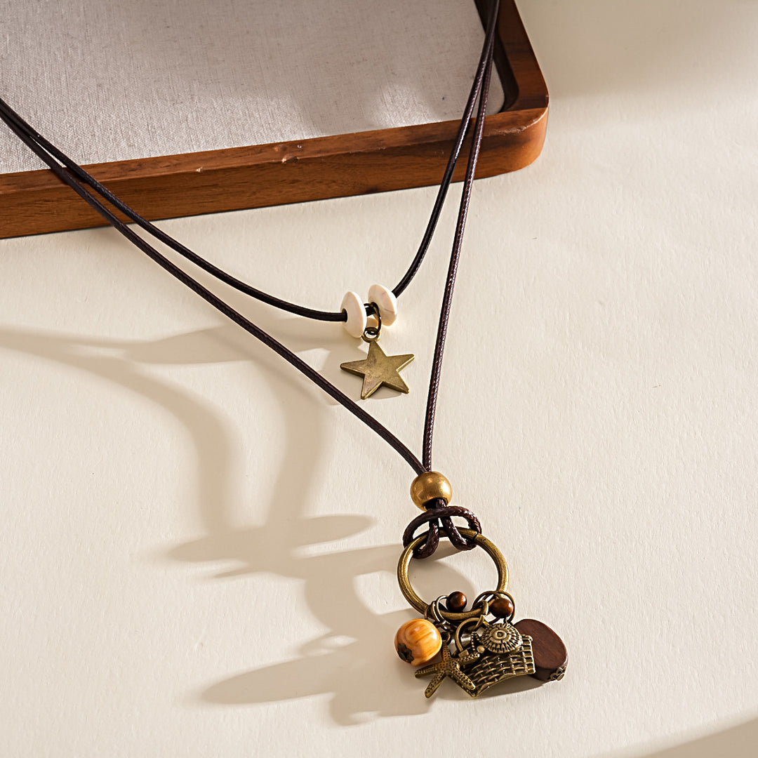 Leather Cord Wood Bead Star Leaf Sweater Chain N6H138