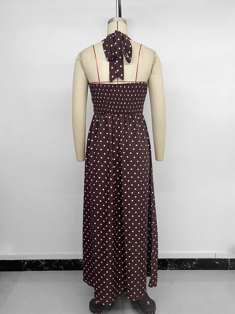 Polka Dot Halter Deep V-neck Maxi Dress Women N6C239