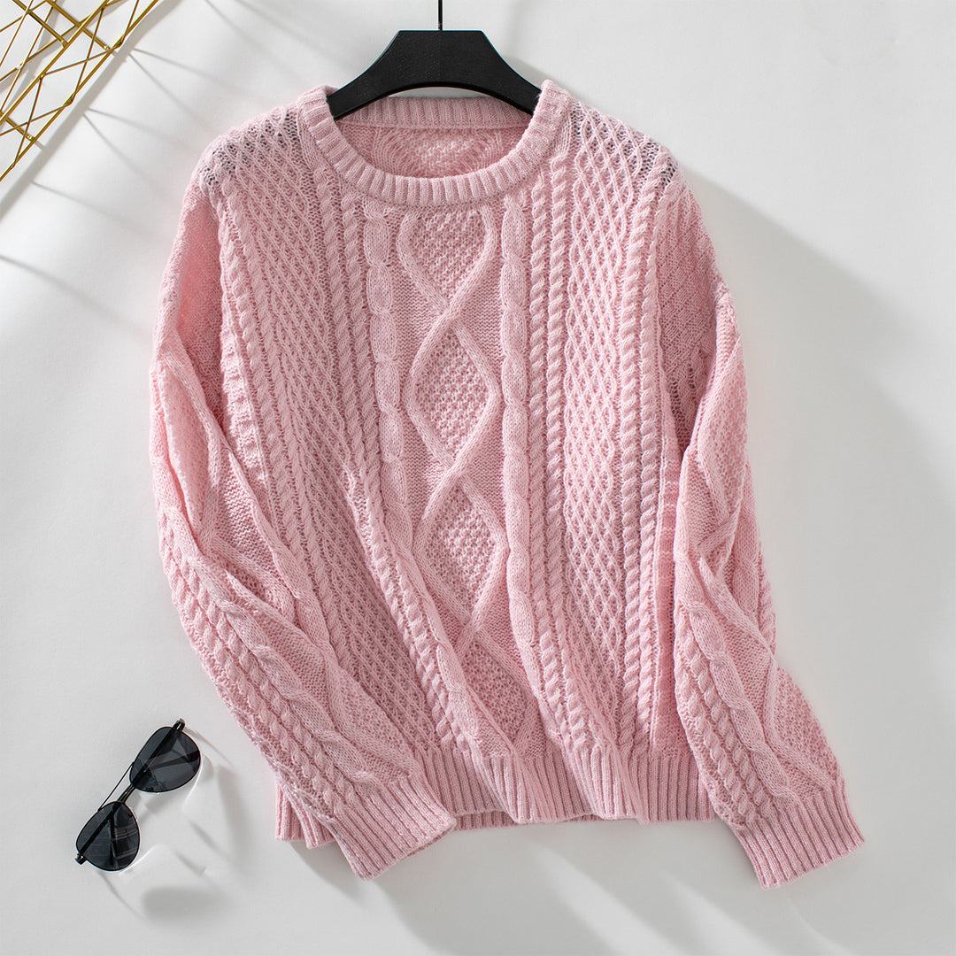 Cable Crew Sweater Mid Weight Blue Pink N5Z824